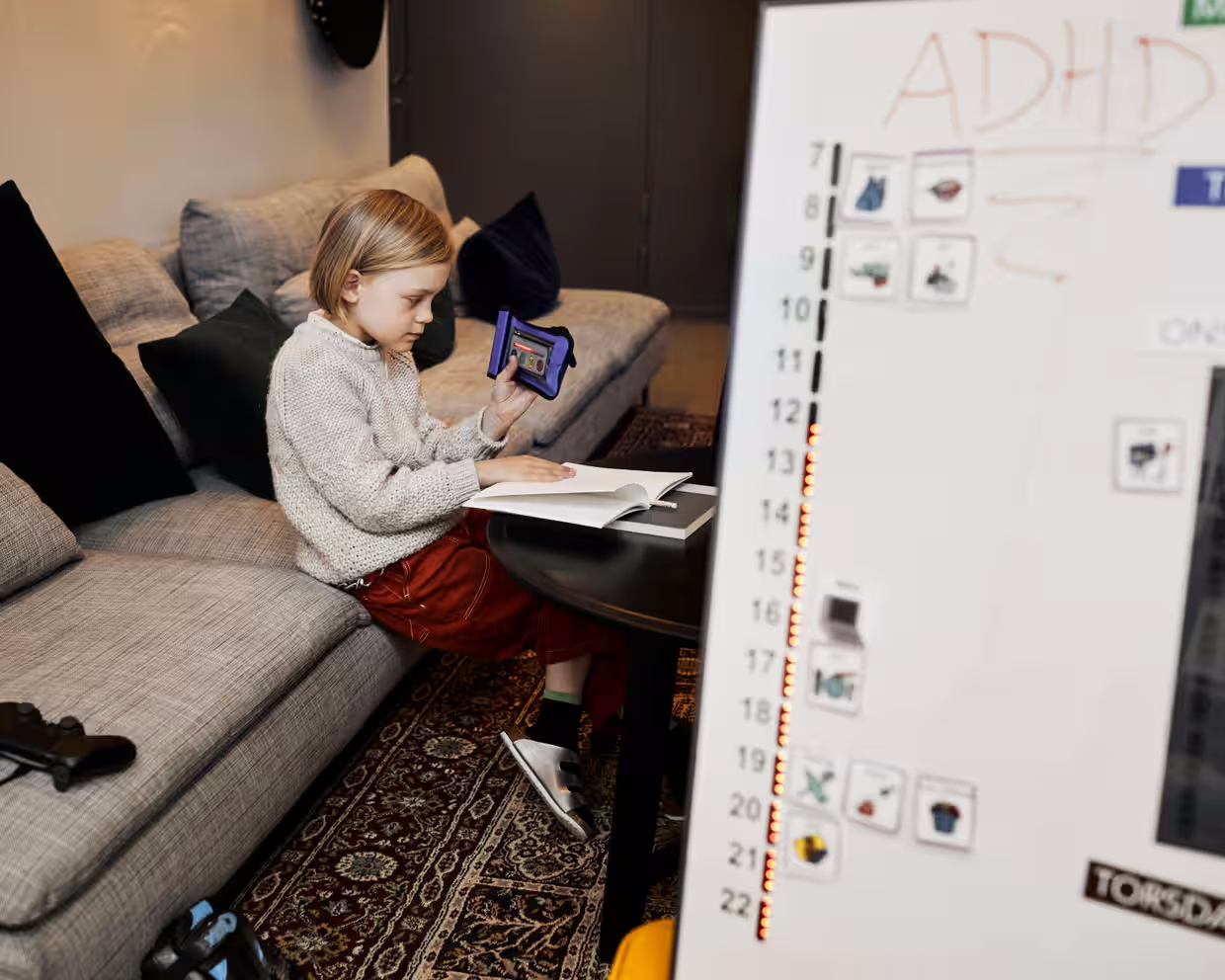 Alt text: A young child sits on a grey couch, holding a tablet while looking at an open notebook on a coffee table. In the foreground, a white ADHD visual schedule board is partially visible, showing a daily routine with icons and time slots. The room has a cozy interior with a patterned rug and dark pillows.